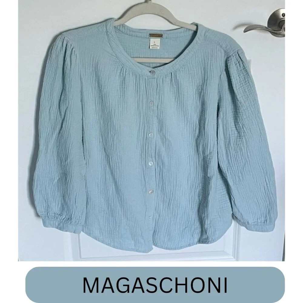 Magaschoni Light Blue Organic Cotton gauze Button Up Top 29754